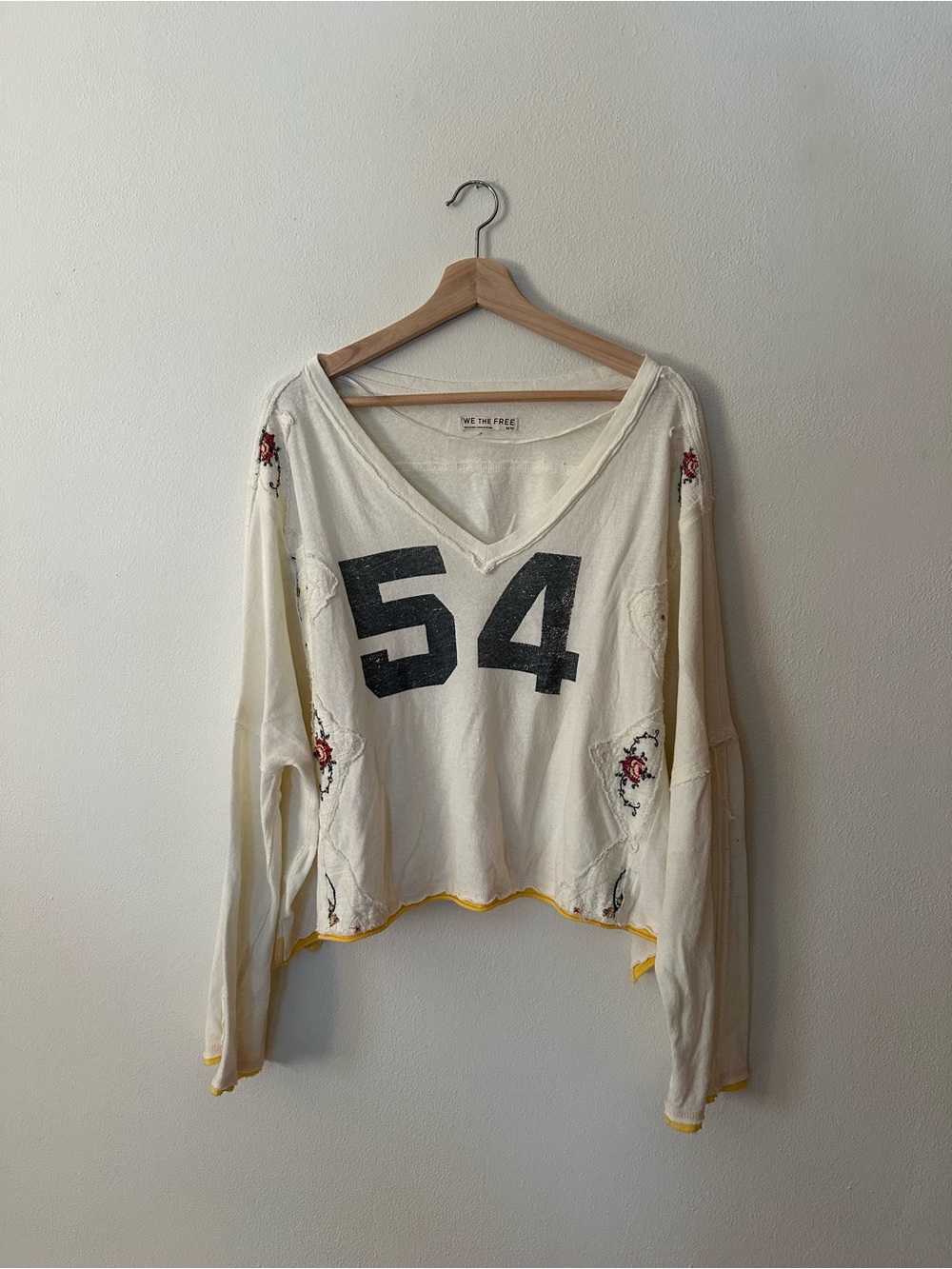 Free People Cream V-Neck Graphic Pullover Top